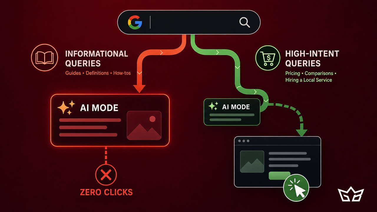 Diagram of Google AI Mode zero-click search: informational queries stop at the AI answer while high-intent queries still click through to websites