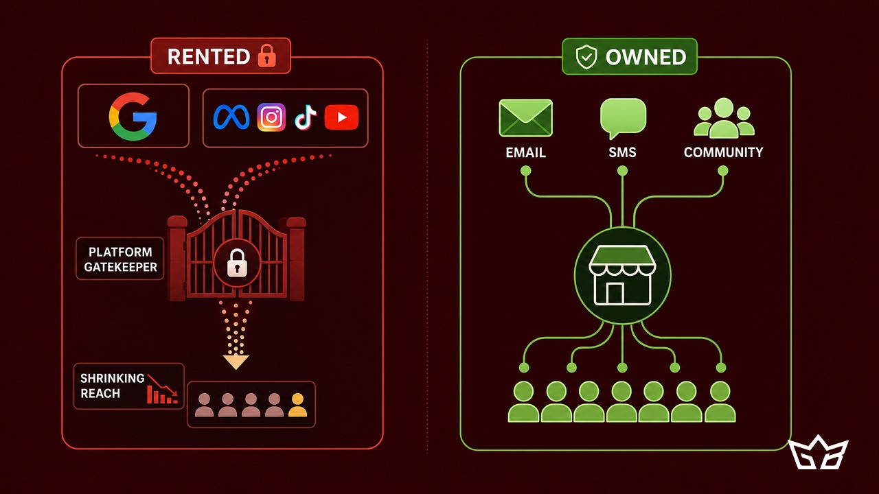 Rented audience channels like Google search and social feeds with shrinking reach versus owned channels: email list, SMS, and community