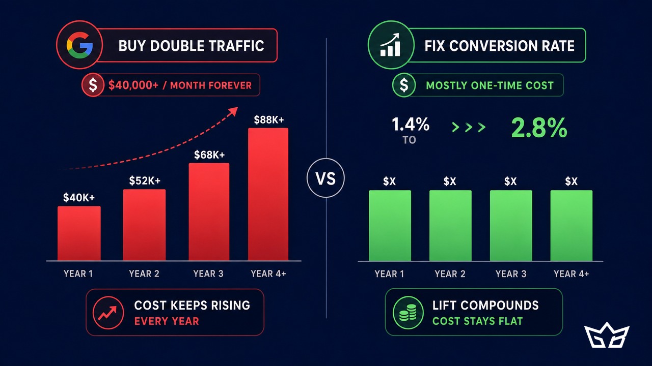 Bar chart comparing buying double traffic at $40,000+ per month with costs rising every year versus fixing conversion rate from 1.4% to 2.8% as a mostly one-time cost that compounds