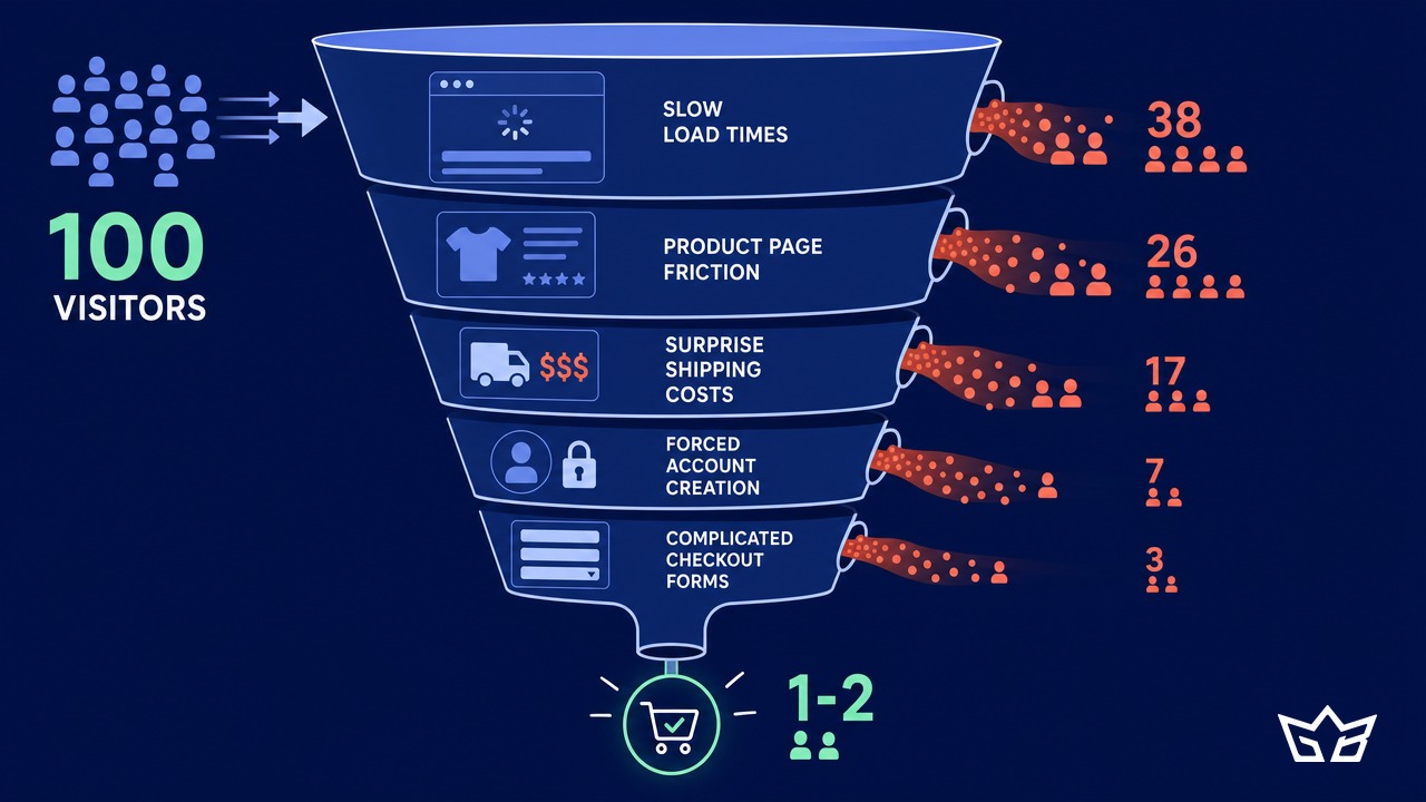 Funnel diagram showing 100 visitors leaking out at slow load times, product page friction, surprise shipping costs, forced account creation, and complicated checkout forms, with only 1-2 completing a purchase