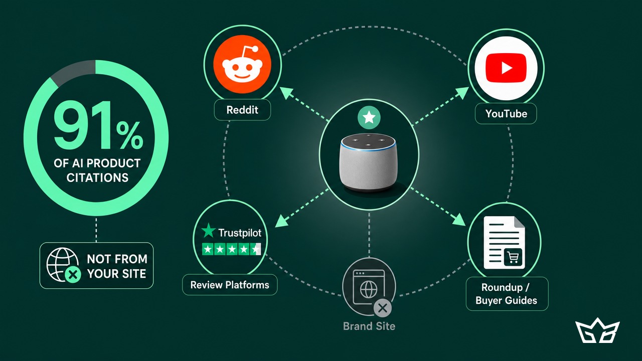 A product surrounded by the third-party sources ChatGPT reads before recommending it: Reddit, YouTube, review platforms, and roundup buyer guides, where 91% of AI citations come from rather than your own site