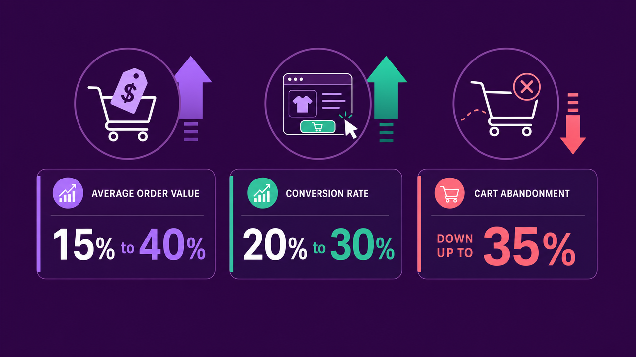 Infographic showing BNPL's typical impact on an ecommerce store: average order value up 15 to 40 percent, conversion rate up 20 to 30 percent, and cart abandonment down up to 35 percent