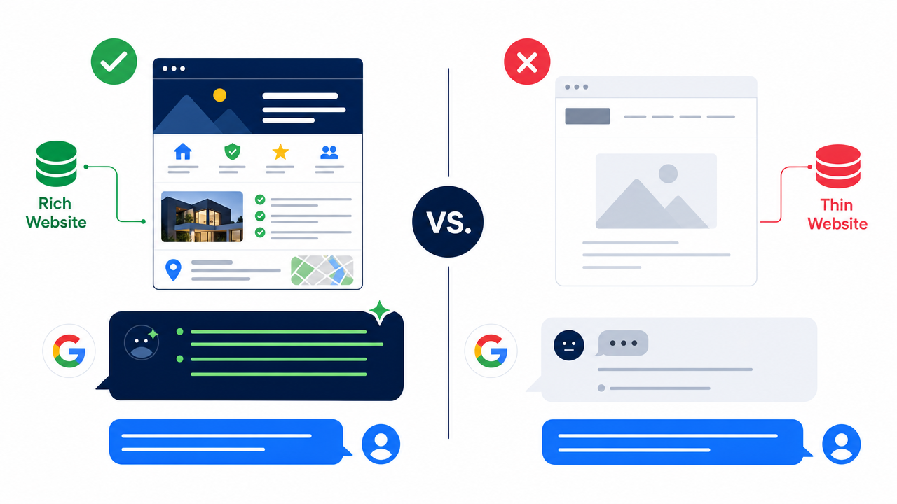 Side by side: an AI chat grounded in a rich, detailed website answers confidently, while one grounded in a thin website gives vague non-answers
