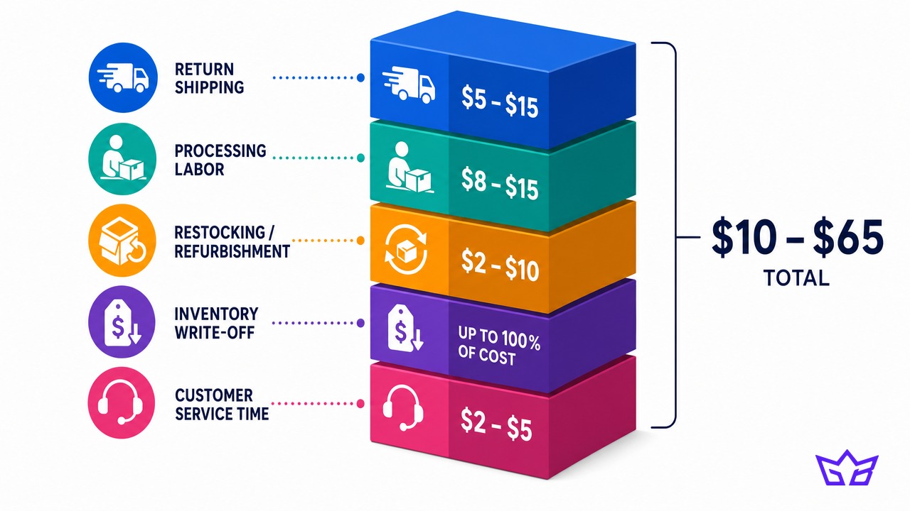 The five stacked costs of a single ecommerce return: return shipping, processing labor, restocking, inventory write-off, and customer service time, totaling $10 to $65 per return