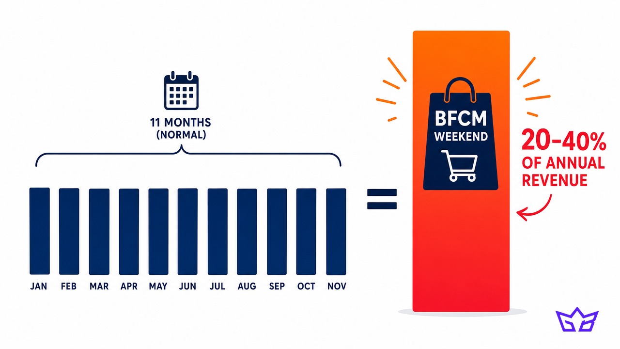 Bar chart contrasting eleven normal months of ecommerce revenue against a single towering BFCM weekend that equals 20 to 40 percent of annual revenue