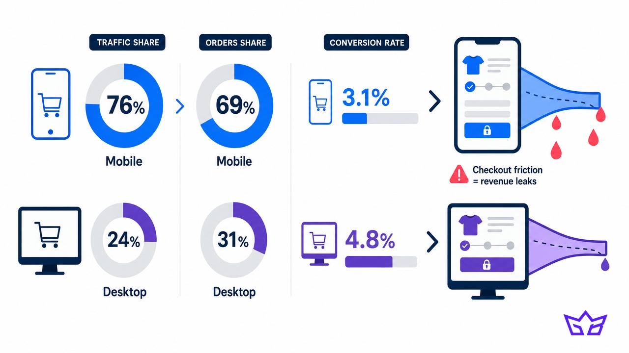 Mobile drives 76 percent of holiday traffic and 69 percent of orders but converts at 3.1 percent, while desktop converts at 4.8 percent, showing mobile checkout friction is where revenue leaks