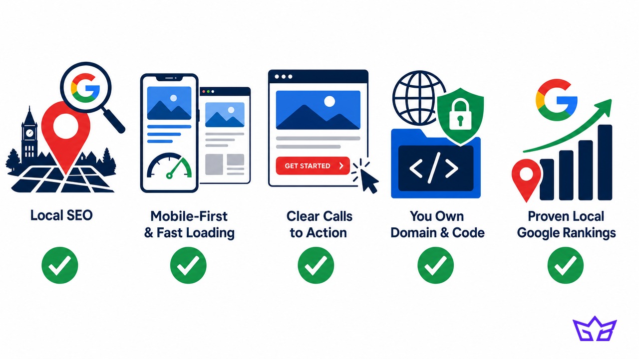 Checklist of what to look for in a Richmond Hill web designer: local SEO built in, mobile-first and fast loading, clear calls to action, you own the domain and code, and proven local Google rankings
