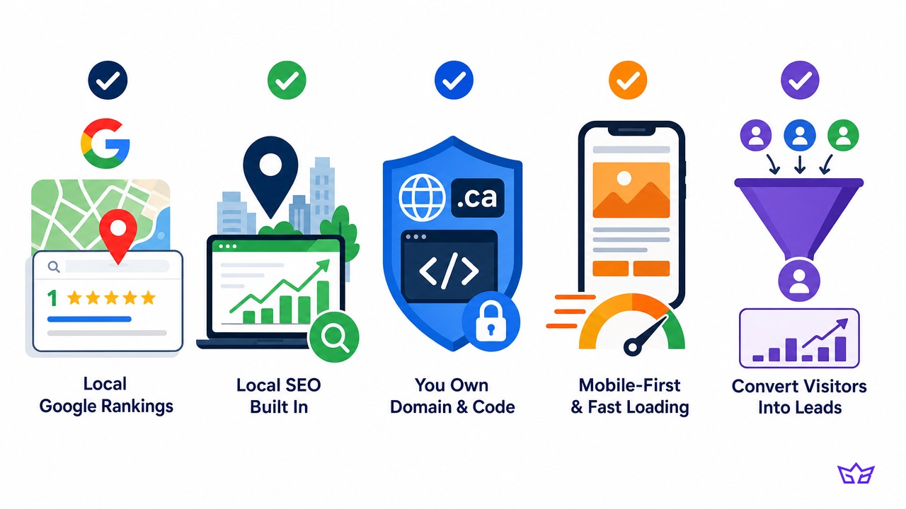 Checklist for hiring a web designer in Mississauga: proven local Google rankings, local SEO built in from day one, you own the domain and code, mobile-first and fast loading, and a clear plan for converting visitors into leads