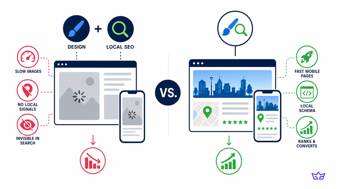 Web design and local SEO compared as separate jobs versus one project: slow images, no local signals and invisible in search on one side, fast mobile pages, local schema and a site that ranks and converts on the other