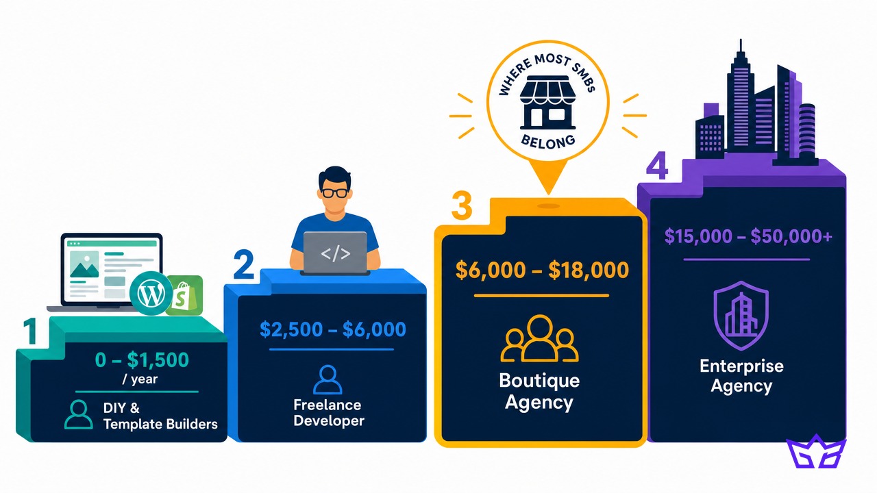 Website development pricing tiers in Toronto: DIY and template builders $0 to $1,500 per year, freelance developer $2,500 to $6,000, boutique agency $6,000 to $18,000, and enterprise agency $15,000 to $50,000+, with the boutique tier marked as where most small and mid-sized businesses belong