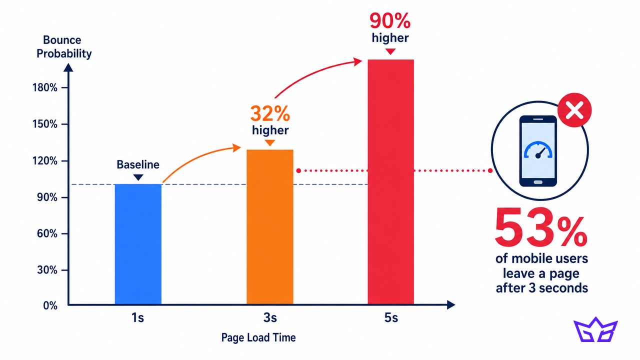 Chart showing bounce probability rising with website page load time: 1 second as baseline, 32 percent higher at 3 seconds, 90 percent higher at 5 seconds, alongside the stat that 53 percent of mobile users leave a page after 3 seconds