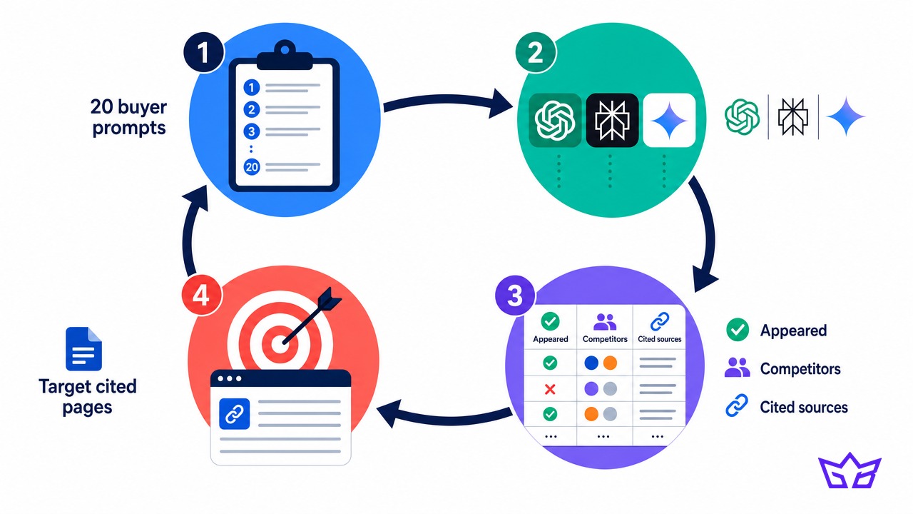 Four-stage AI visibility audit loop: write 20 buyer prompts, run them across ChatGPT, Perplexity and Gemini, log whether you appeared alongside competitors and cited sources, then target the cited pages