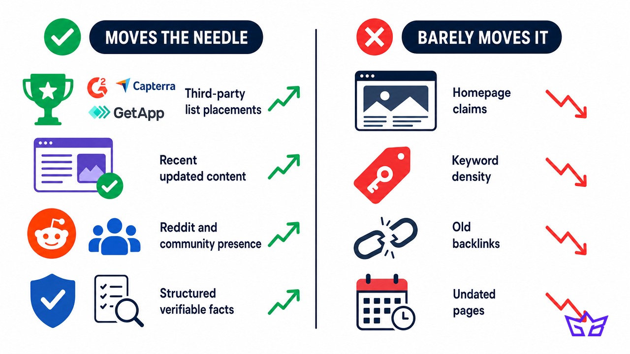 What actually gets ChatGPT to recommend your product: third-party list placements, recent updated content, Reddit presence and structured verifiable facts, versus homepage claims, keyword density, old backlinks and undated pages which barely move it