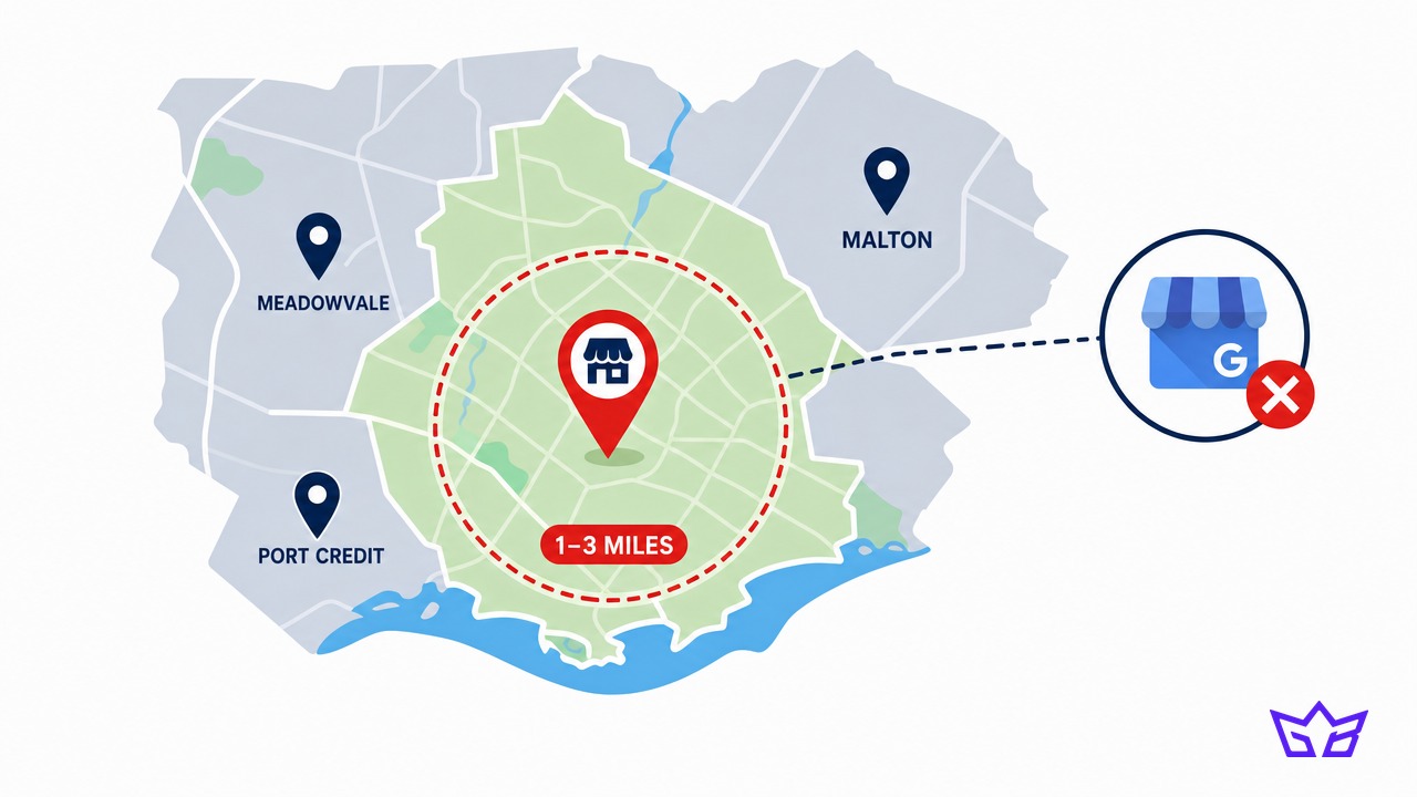 Map of Mississauga showing the 1 to 3 mile local pack radius around a single business location, with Meadowvale, Malton and Port Credit falling outside it