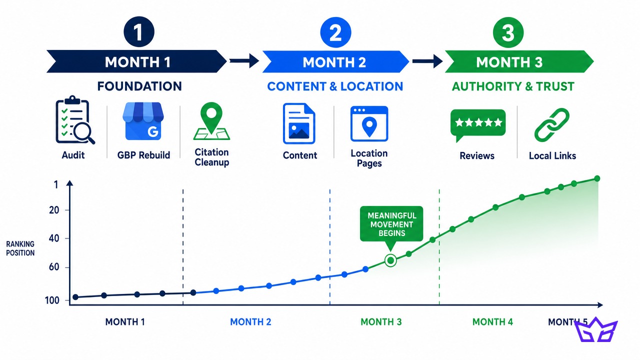 Three month local SEO timeline for a Mississauga business: foundation work in month one, content and location pages in month two, reviews and local links in month three, with ranking movement beginning around month three
