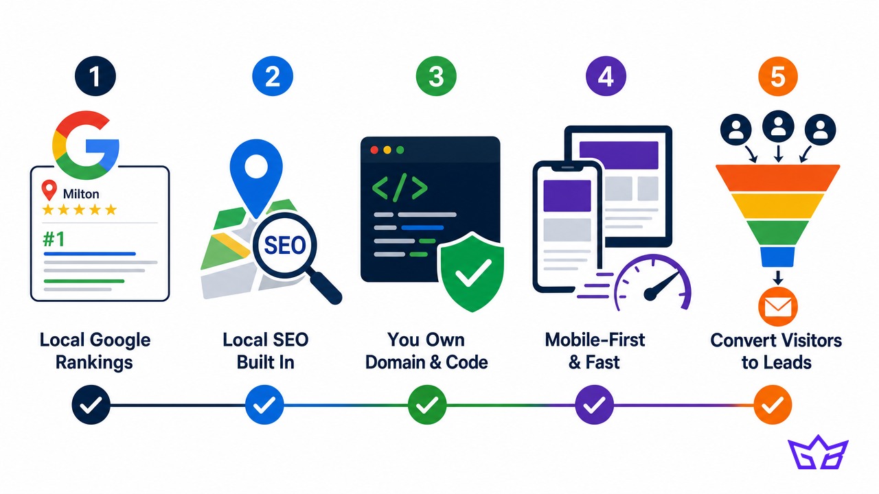 A checklist for choosing a web designer in Milton: proven local Google rankings, local SEO built in from day one, you own the domain and code, mobile-first and fast loading, and a clear plan for converting visitors into leads