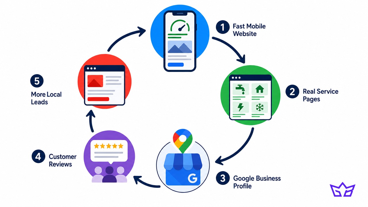 The local visibility loop for a Milton business: a fast mobile website feeds real service pages, which feed the Google Business Profile, which earns customer reviews, which bring more Milton leads back to the site