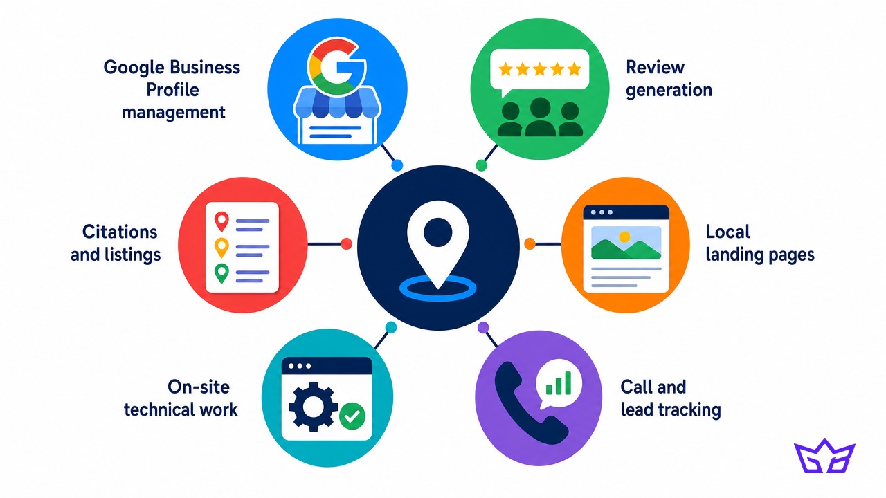 What is inside a real local SEO retainer: Google Business Profile management, review generation, local landing pages, citations and listings, on-site technical work, and call and lead tracking