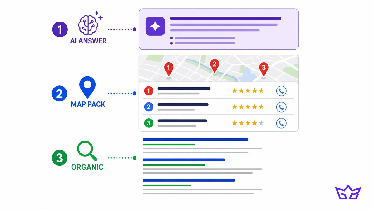 The three layers of a local search results page: an AI answer box at the top, a map pack with three business listings and review stars in the middle, and organic results below