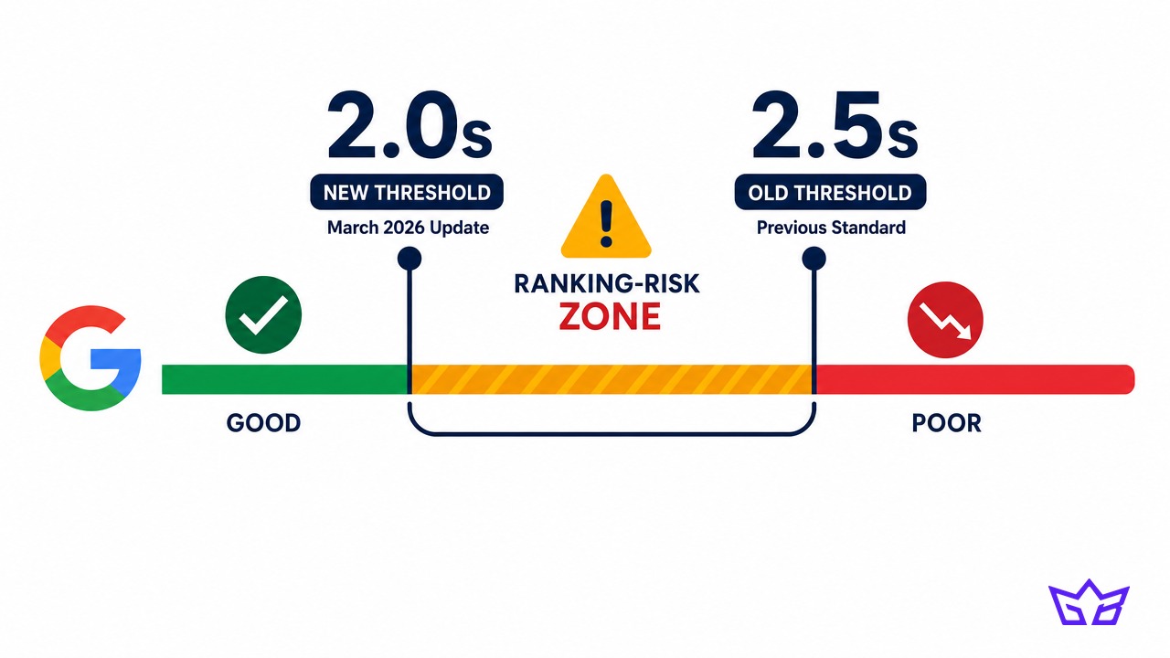 Google's Largest Contentful Paint threshold tightened from 2.5 seconds to 2.0 seconds in the March 2026 core update, creating a ranking-risk zone that catches most London, Ontario business websites