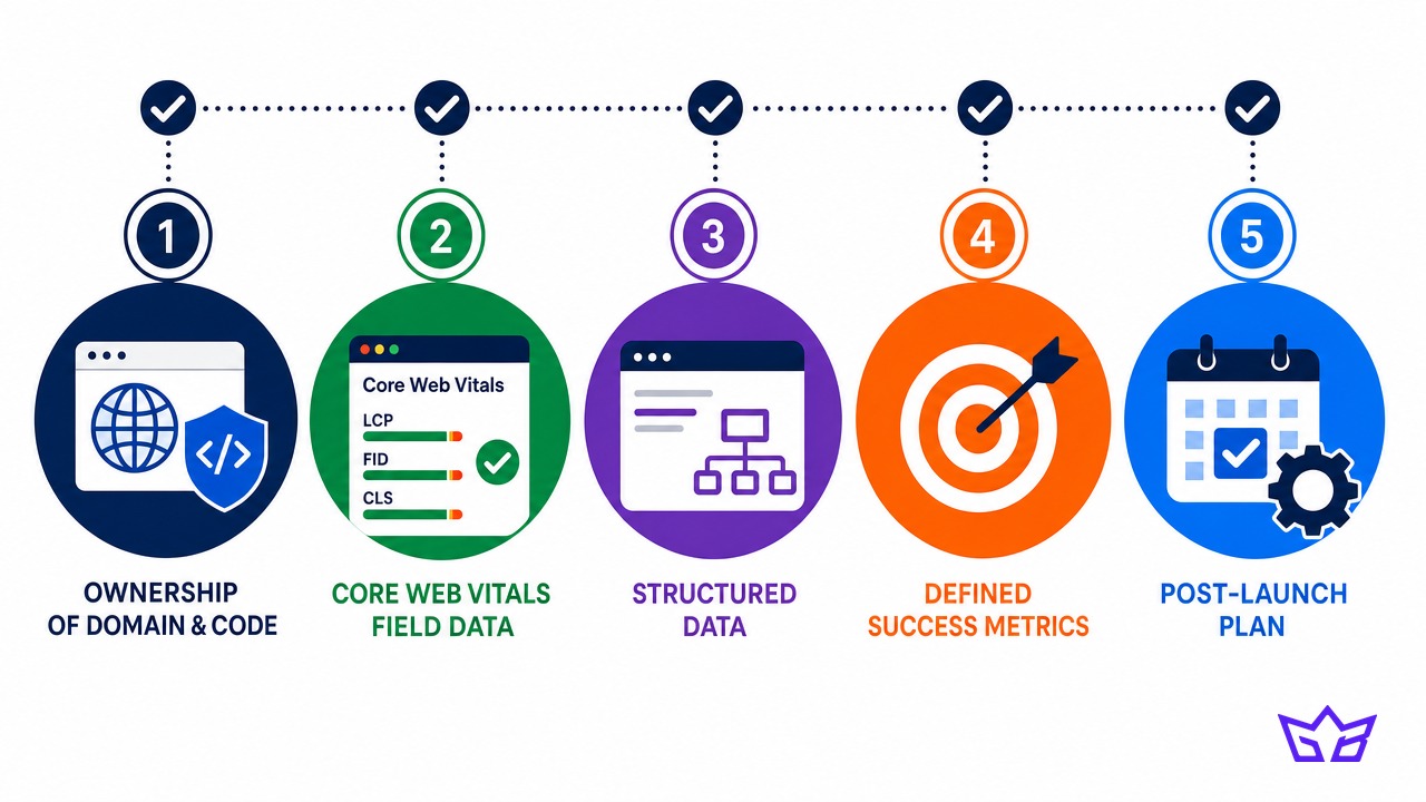 Five-point checklist for vetting a London, Ontario web designer: ownership of the domain and code, Core Web Vitals field data, structured data, defined success metrics, and a post-launch plan