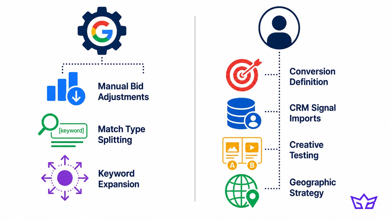 What Google now automates in PPC management versus what still needs a human: bid adjustments, match type splitting and keyword expansion on the automated side, conversion definition, CRM signal imports, creative testing and geographic strategy on the human side