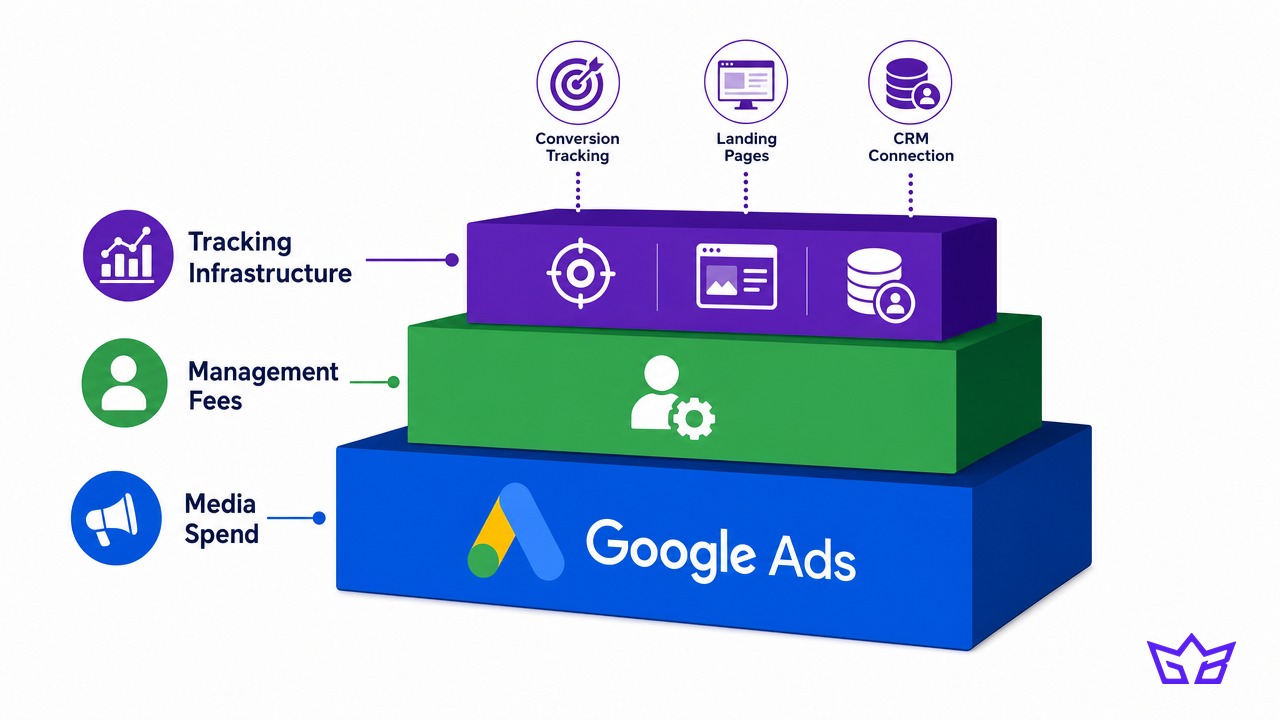 The three layers of what Google Ads really cost in Canada: media spend at the base, management fees in the middle, and tracking infrastructure covering conversion tracking, landing pages and CRM connection at the top