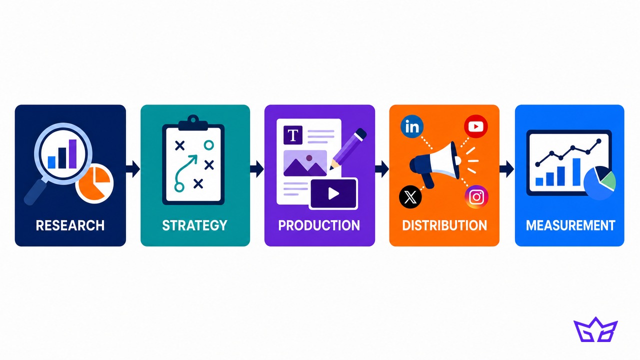 The five parts of content marketing services: research, strategy, production, distribution, and measurement