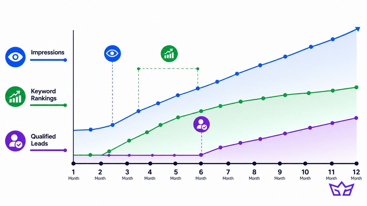 Timeline of content marketing results over 12 months, with impressions rising first, then keyword rankings, then qualified leads from month six
