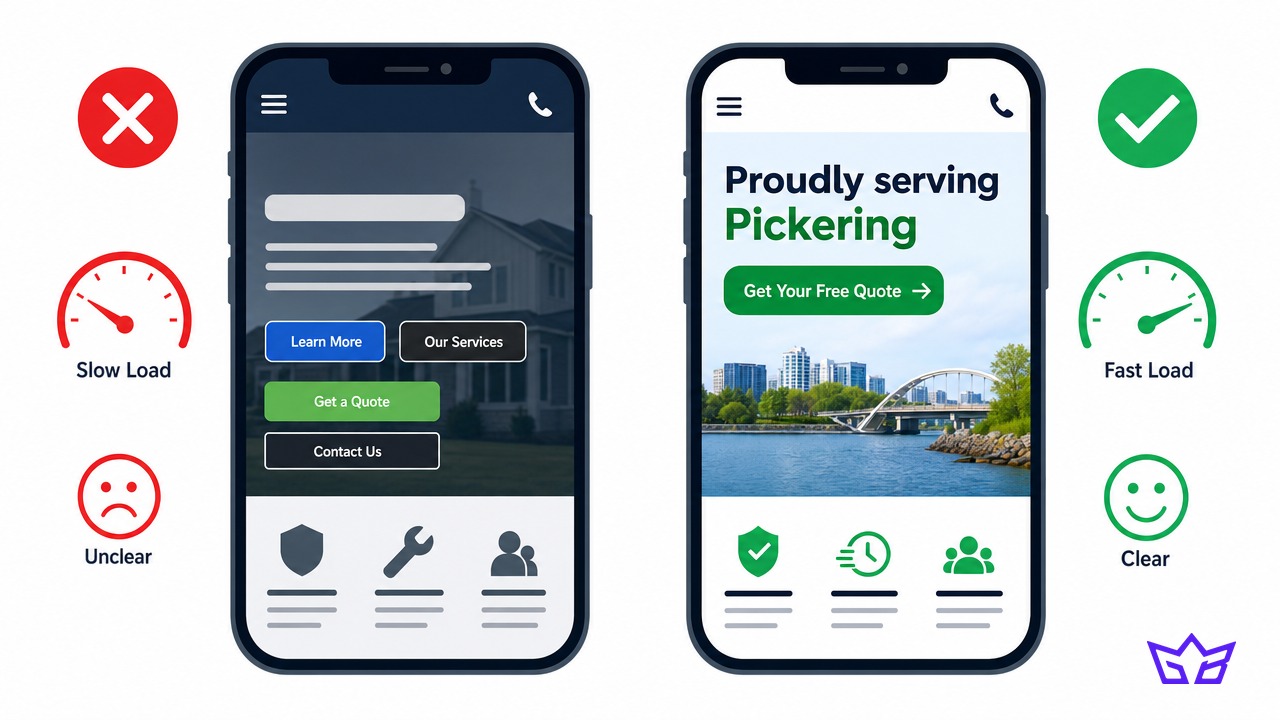 Web design in Pickering compared on mobile: an unclear slow homepage beside a fast one naming the city with a single call to action