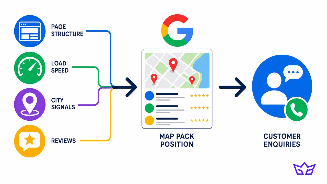 How web design decisions feed local search: page structure, load speed, city signals, and reviews leading to a map pack position and customer enquiries