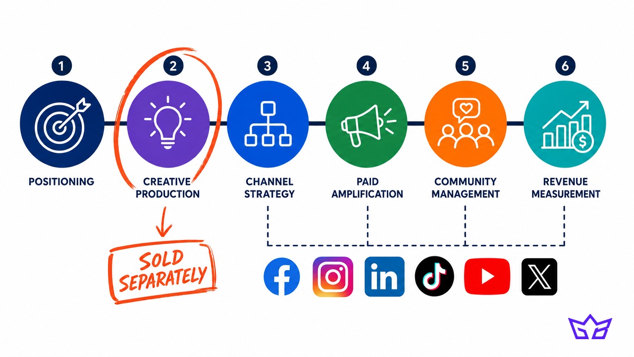 The six parts of complete social media marketing services, with creative production marked as the piece most agencies sell on its own