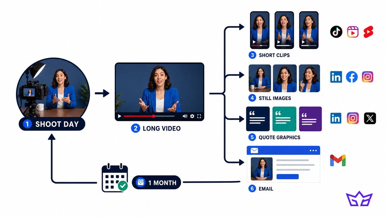 How one shoot day is repurposed into short clips, still images, quote graphics, and an email across a month of social content