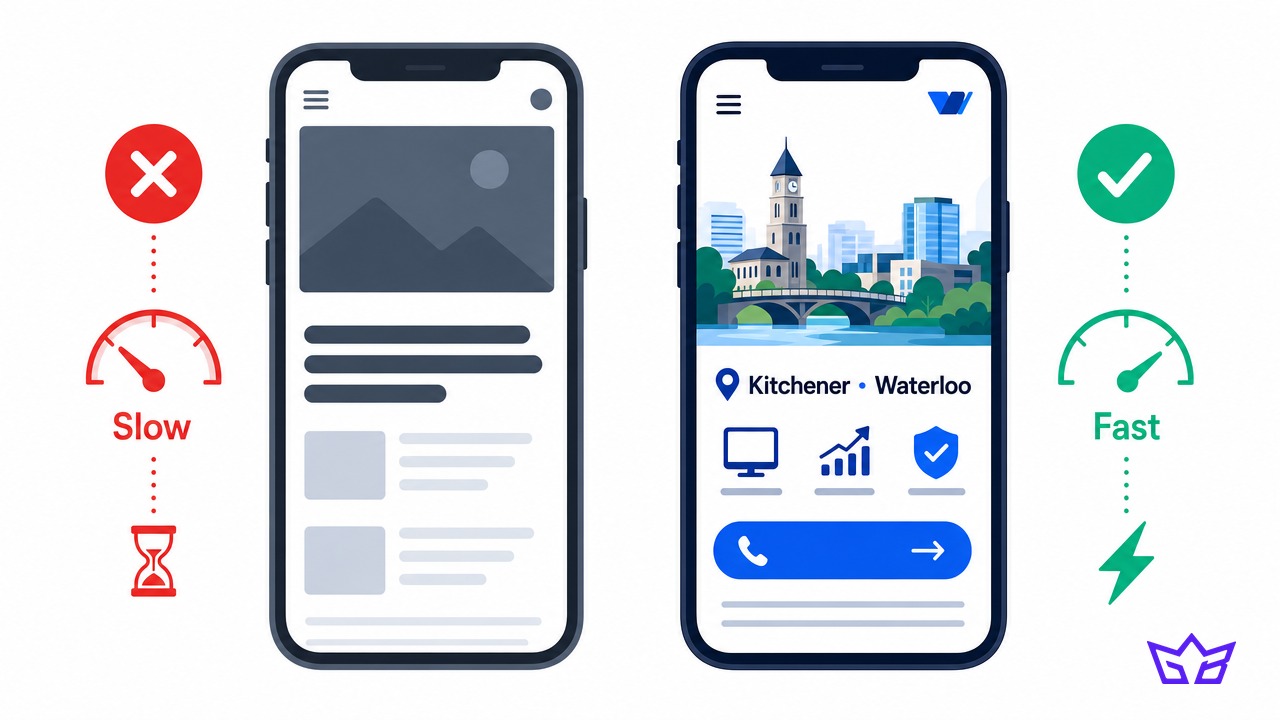 Web design in Kitchener compared on mobile: a slow homepage with a vague headline beside a fast one naming Kitchener and Waterloo with a single call to action