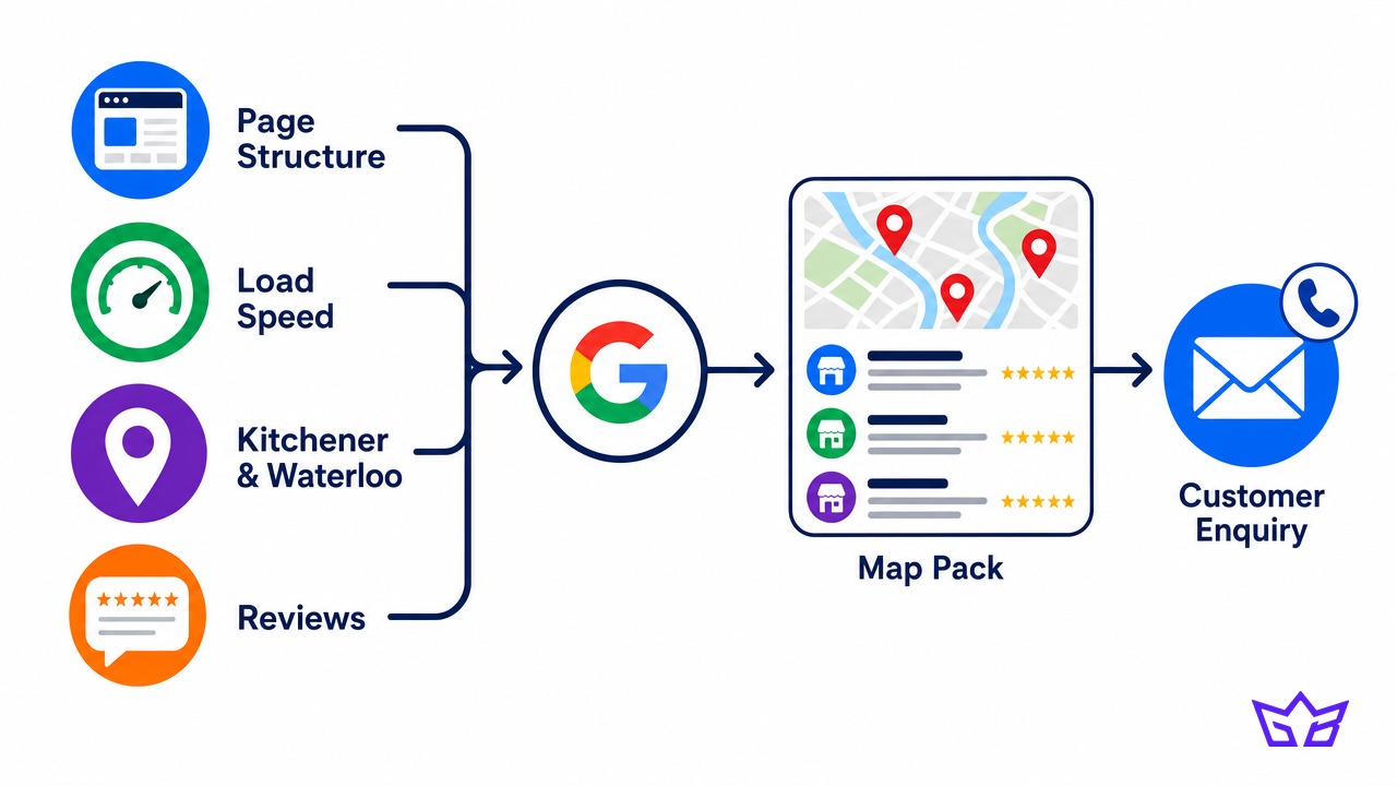 How web design decisions feed local search in Kitchener: page structure, load speed, naming both Kitchener and Waterloo, and reviews leading to a map pack listing and a customer enquiry