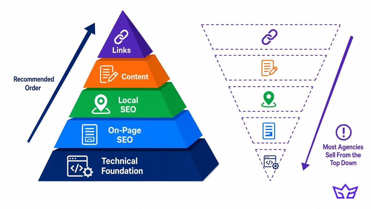 The order SEO services should happen in: technical foundation, on-page SEO, local SEO, content, then links, with most agencies selling from the top down