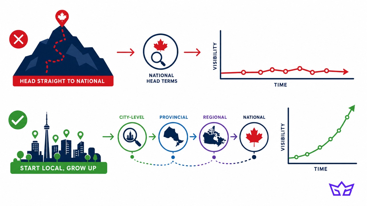 Two SEO paths for a Canadian business: chasing national head terms and stalling, versus starting with city-level terms and compounding up to national visibility