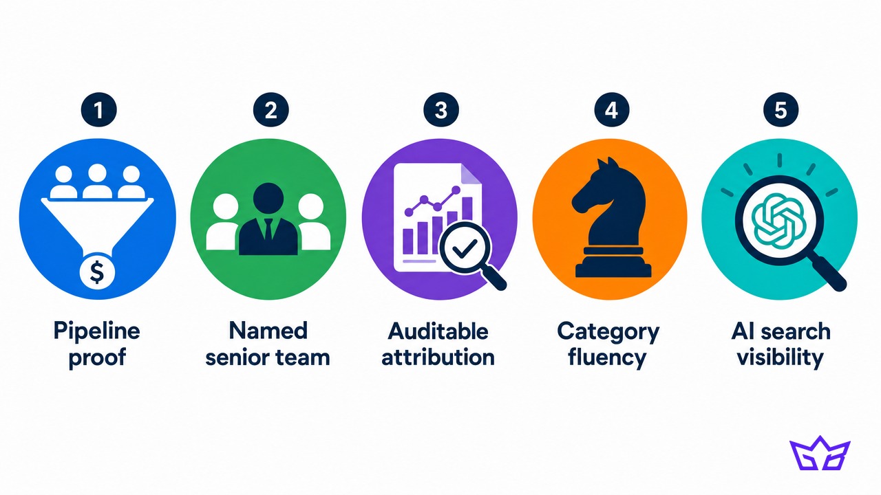 Five things a B2B marketing agency in Toronto has to prove: pipeline proof, a named senior team, auditable attribution, category fluency and AI search visibility