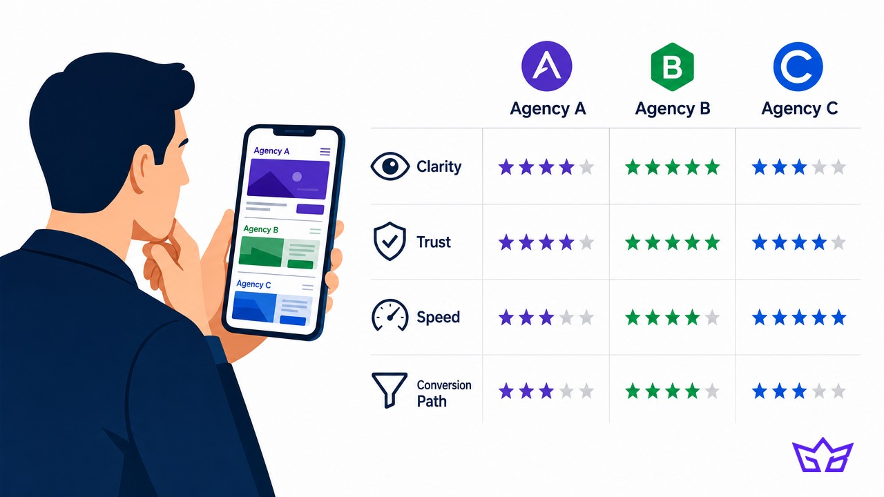 Mobile scorecard for comparing a Toronto web design agency on clarity, trust, speed, and conversion path