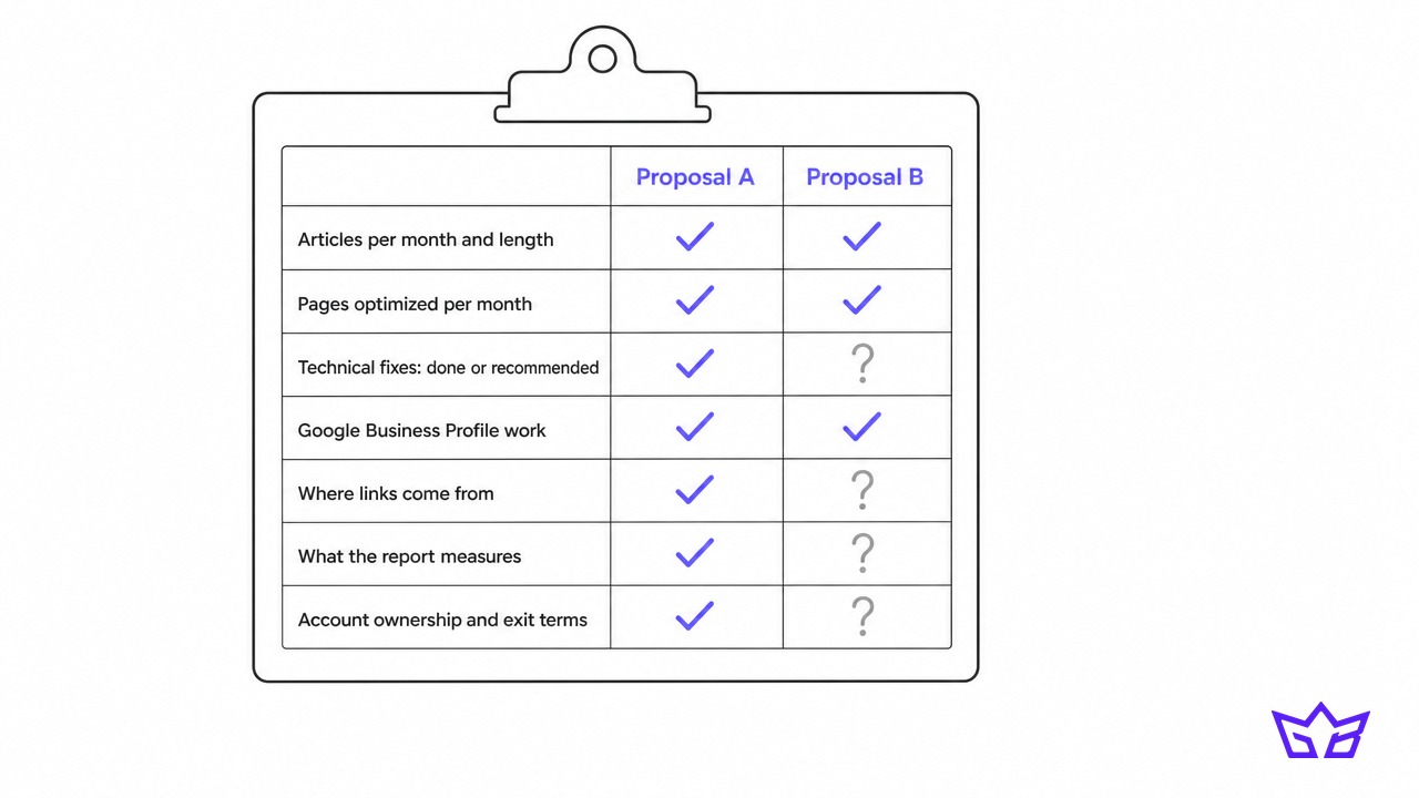Checklist for comparing two SEO package proposals line by line