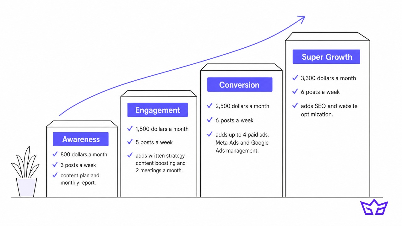 Social media management packages from Awareness to Super Growth with posts per week and monthly price