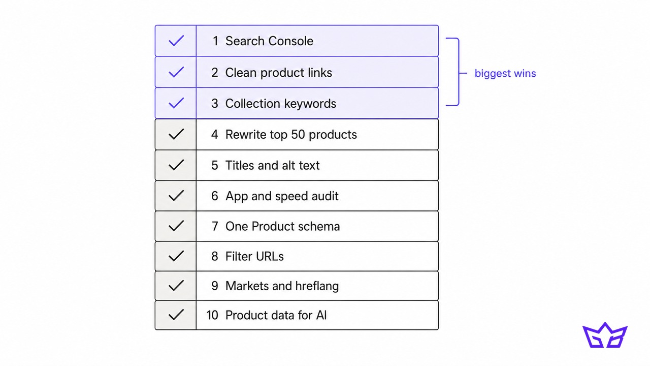 Prioritised Shopify SEO checklist with the three biggest wins highlighted