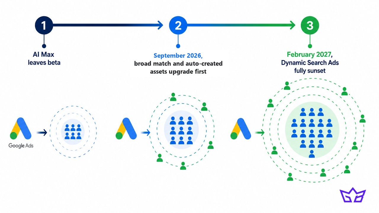 Google Ads automation timeline: AI Max leaves beta, broad match and automatically created assets upgrade in September 2026, and Dynamic Search Ads auto-upgrade and sunset in February 2027, with advertiser reach widening at each stage
