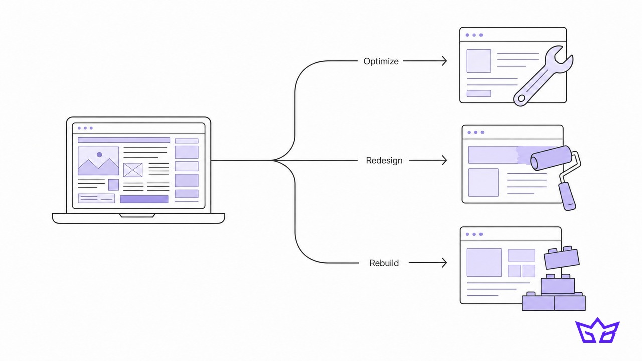 Three paths for a dated website: optimize, redesign or rebuild, the choice website redesign services start with