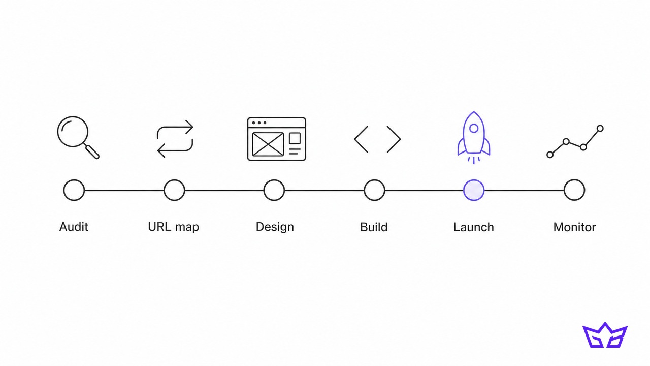 Website redesign timeline in six steps: audit, URL map, design, build, launch and monitor
