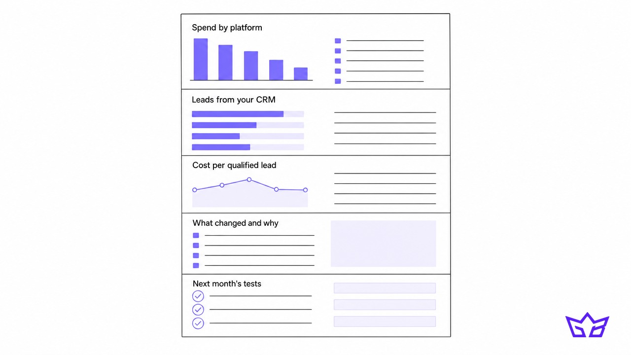 One-page monthly paid media report: spend by platform, CRM leads, cost per qualified lead, what changed and next month's tests