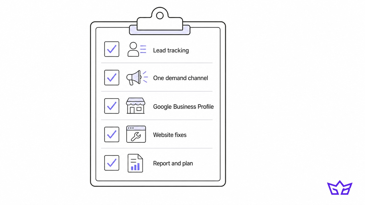 Monthly checklist from a digital marketing agency for small business: lead tracking, one demand channel, Google Business Profile, website fixes, report and plan