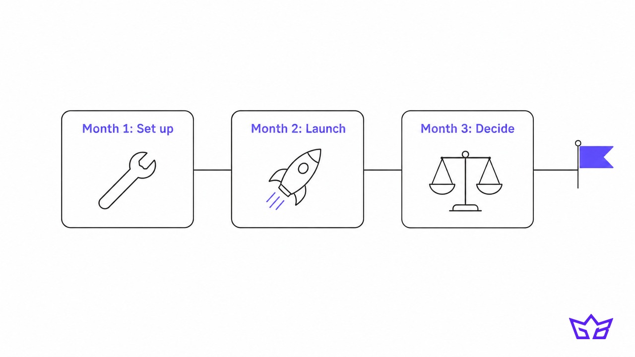90-day agency trial timeline: month 1 set up, month 2 launch, month 3 decide
